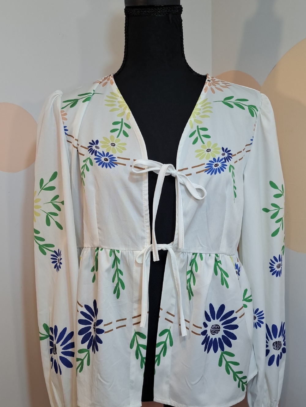 White Floral Tie-Front Peasant Blouse with Blue & Green Print